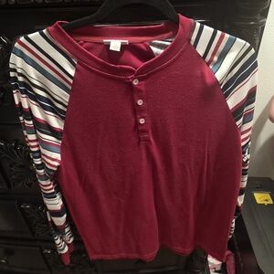 LuLaRoe Long Sleeve- Maroon with Striped Sleeves